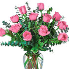 Roses symbolize love and caring, pink and peach roses also symbolize gratitude, admiration, and appreciation. That's why they're so great for any occasion. Our florists arrange twelve long-stem pink or peach beauties with greens in a glass vase.