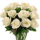 One dozen beautiful long-stem white roses tastefully arranged with fresh foliage in a quality glass vase. Simply elegant! USA and Canada florist delivery.