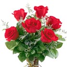 Six premium, fresh from the farm roses arranged in a glass vase with foliage and tasteful accents. When ordering, simply indicate your color preference. Prices vary according to stem length.