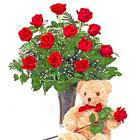 Dozen Rose Vase and Teddy Bear