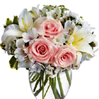 Send a gift that always arrives in style with this lovely pink and white bouquet of fresh roses, lilies, alstroemeria, and more. Simply beautiful! USA and Canada florist delivery.
