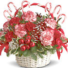 Say 'Happy Holidays' to friends and loved ones near or far with this charming Christmas bouquet featuring hearty standard and spray carnations, pine cones, berries, and bows, designed with fresh pine in a natural basket and trimmed with candy canes or similar Yuletide accents. Adorable! Available in most areas after Thanksgiving through December.