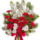 Say 'Season's Greetings' with this cheery bouquet of festive red and white holiday blossoms designed with fresh pine and delivered in a glass vase. Featured flowers include carnations, alstroemeria, stock, or similar seasonal favorites. Ho! Ho! Ho! Available after Thanksgiving through early January. Professional florist design and delivery in the USA and Canada.