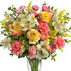 Send your love, appreciation, or best wishes with this delightful bouquet of fresh roses, carnations, alstroemeria, asters, or similar seasonal favorites in pretty pink, yellow, and white tones. Designed and delivered in a clear glass vase. Just right! Nationwide florist delivery in the USA and Canada.