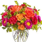 A colofrul combination of roses, asters, carnations, miniature roses, or similar fresh flower favorites, designed and delivered in a classic glass vase. Great for a birthday, get well, thanks, cheer up, love, or thinking of you. Popular for business and employee gifts, too. USA and Canada florist delivery.