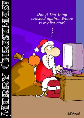Merry Christmas Ecard with Santa's list on broken computer