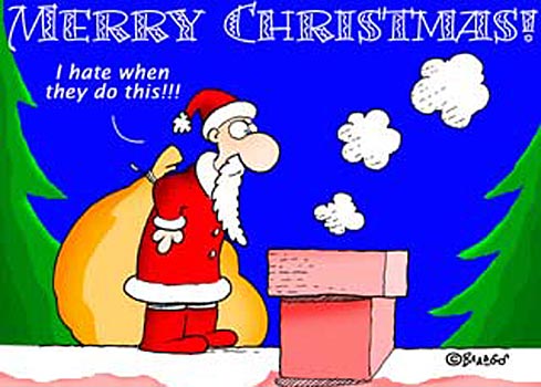 Chirstmas ecard with santa and smoking chimney.