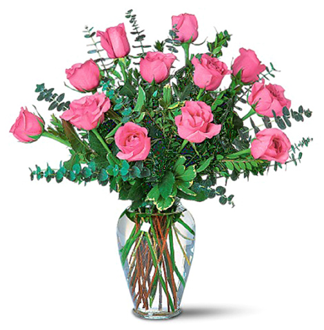 Dozen Pink Roses Vased Bouquet