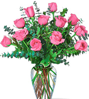 Dozen Pink Roses Vased Bouquet