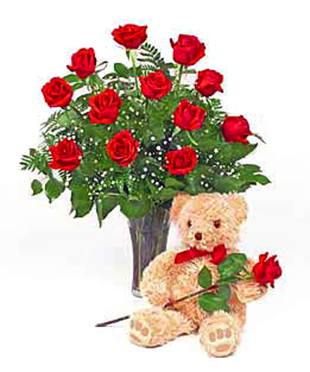 roses and a teddy bear