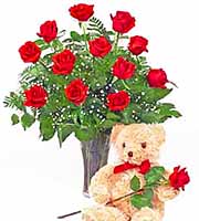 Dozen Roses Vase and Teddy Bear