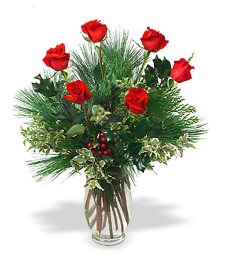 Holiday Half Dozen Roses Vase