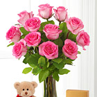 Pink Roses with Bear, Chocolates and Vase