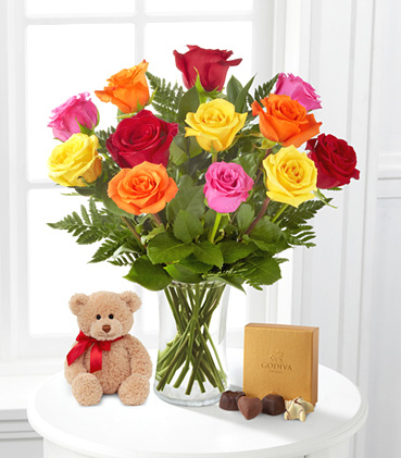 Mixed Roses with Bear, Chocolates and Vase