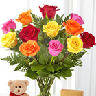 Mixed Roses with Bear, Chocolates and Vase